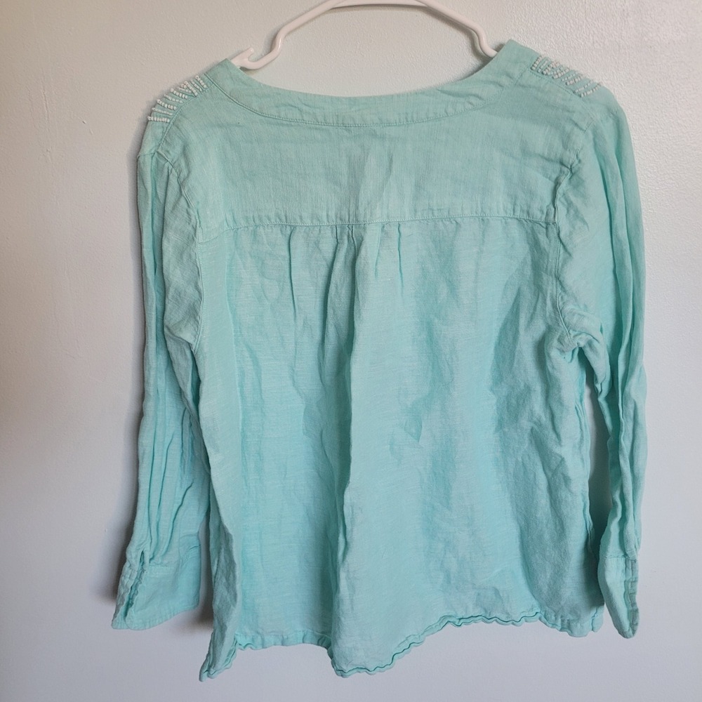 Vineyard Vines Linen Blend Beaded V Neck Tunic Top Women's M Aqua Teal Turquoise - Picture 2 of 7